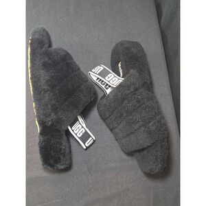 UGG Oh Fluff Yeah Slide Sandals Black Sheepskin Fur Logo Strap Women's Size 9